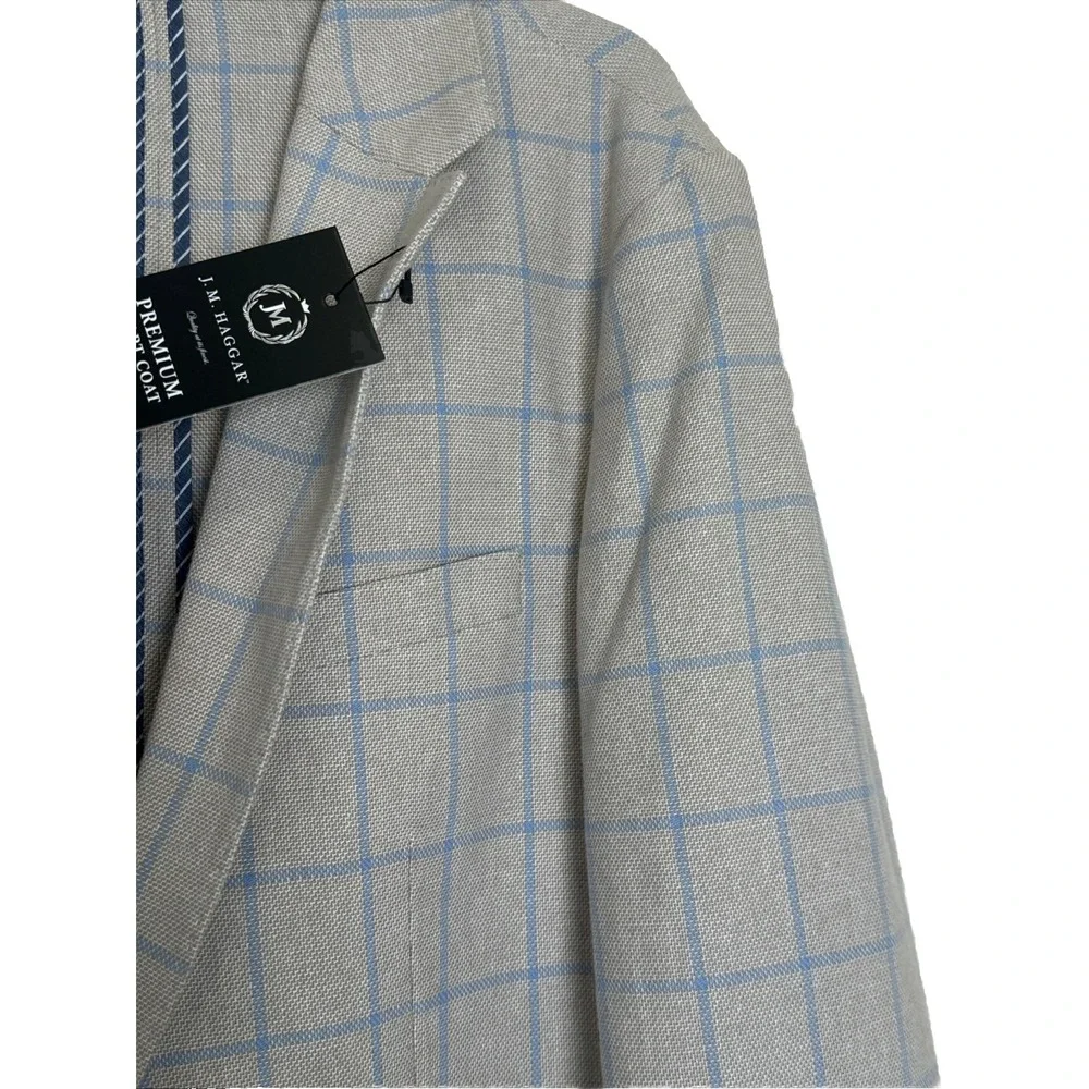 J. M. Haggar Slim‎ Fit Blue/Tan Linen Windowpane Blazer Sport Coat Men's 46R NWT